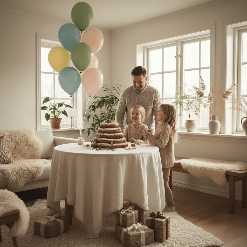birthday celebration in Scandinavian home, cake, balloons, wrapped gifts, daylight, soft tones