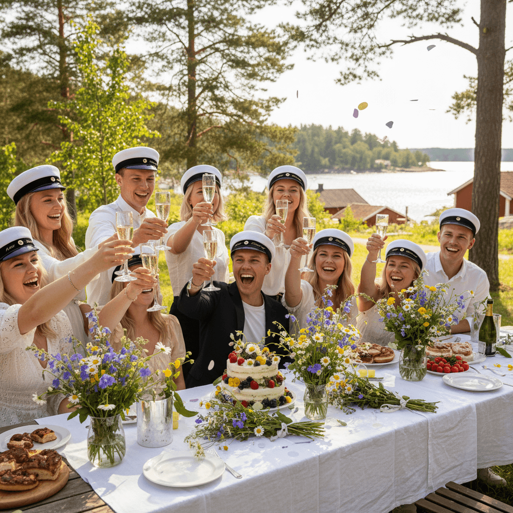 Scandinavian graduation scene, flowers, champagne, sunlight, celebration mood