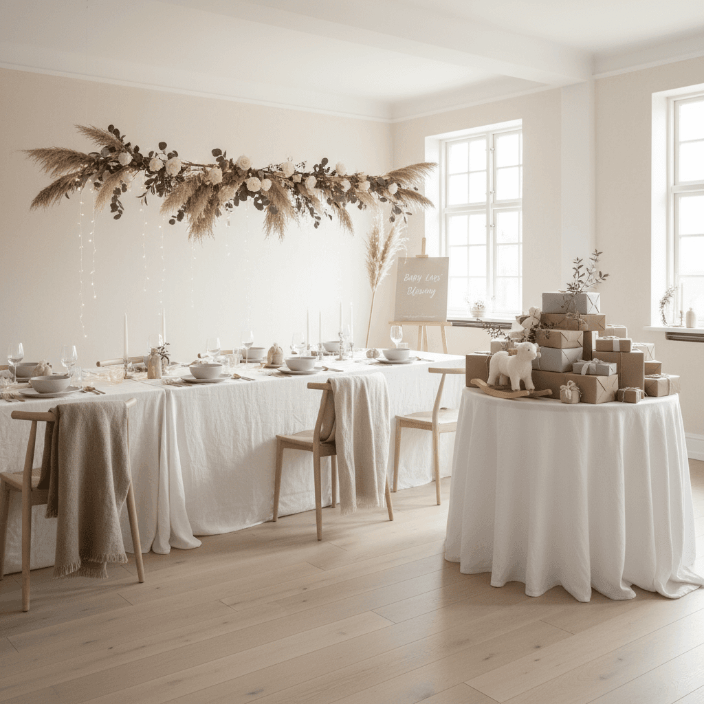 baby christening setup, soft neutral Scandinavian tones, white linens, gifts table
