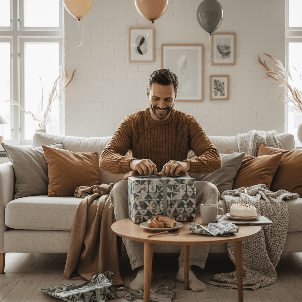 man celebrating birthday, unwrapping gift, warm Scandinavian tones, smiling, casual vibe