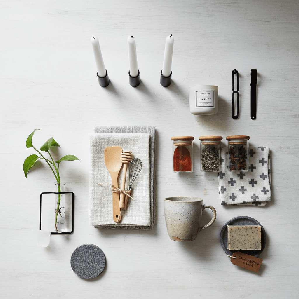 small budget-friendly home gifts, kitchen items, candles, minimal Nordic setup