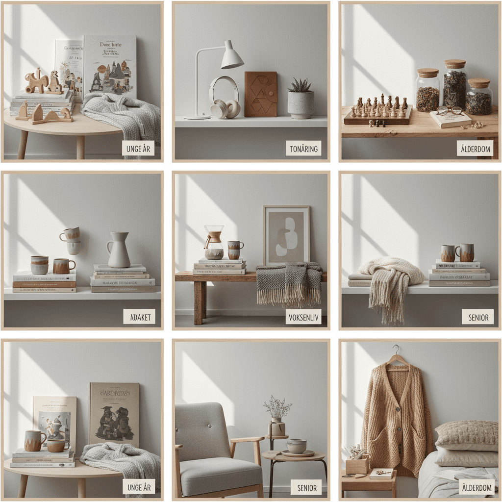 collage of birthday gifts for different ages — from youth to elderly — Scandinavian style, daylight, minimal backgrounds, cohesive color palette in beige and muted tones