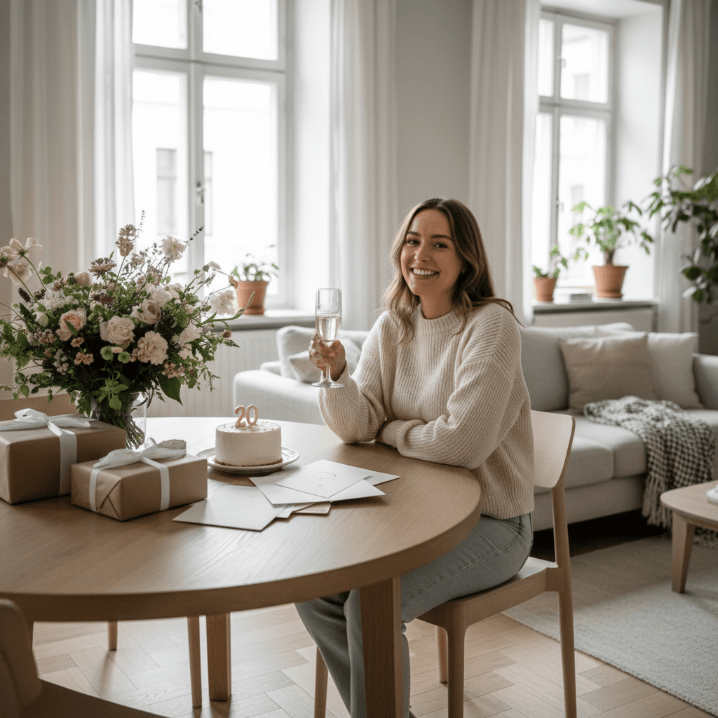 young woman celebrating 20th birthday in chic Scandinavian apartment, soft daylight, neutral tones, bouquet of flowers and gifts on table